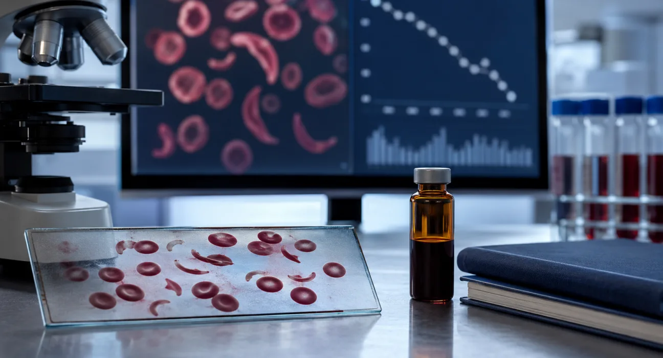 Laboratory research into sickle cell disease therapies highlights Agios Pharmaceuticals’ decision to halt tebapivat development after mixed Phase 2 results, shifting investor focus to mitapivat. Representative image.