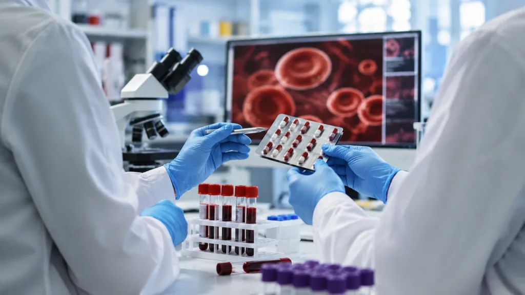 Representative image: Laboratory researchers assess an oral blood disorder therapy as Nuvectis Pharma’s ciprocopan secures China approval for treatment-naive paroxysmal nocturnal hemoglobinuria.