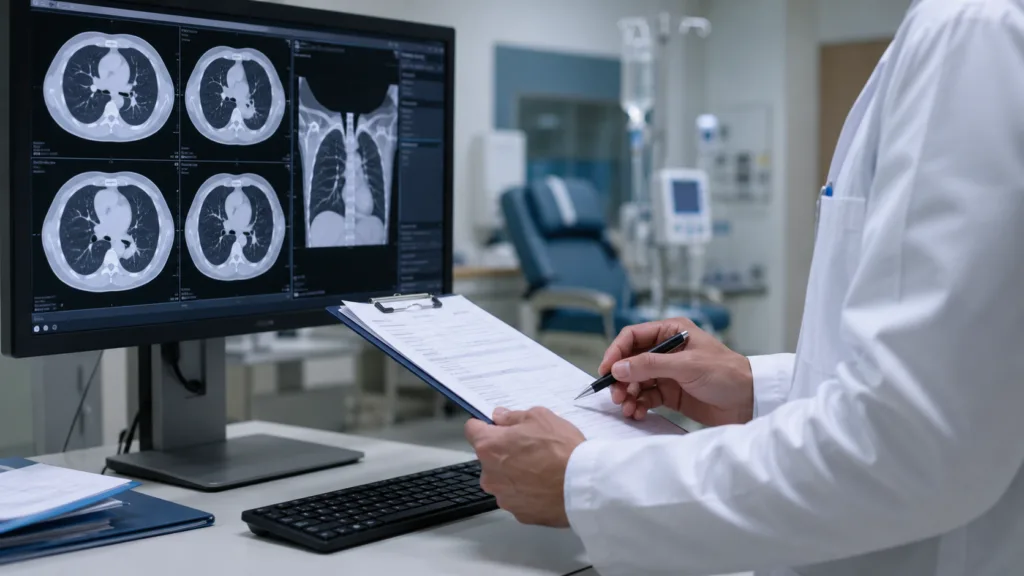 Representative image: Clinician reviewing lung CT scans, reflecting MAIA Biotechnology’s ateganosine data in third-line non-small cell lung cancer and the evolving search for new NSCLC treatment strategies.