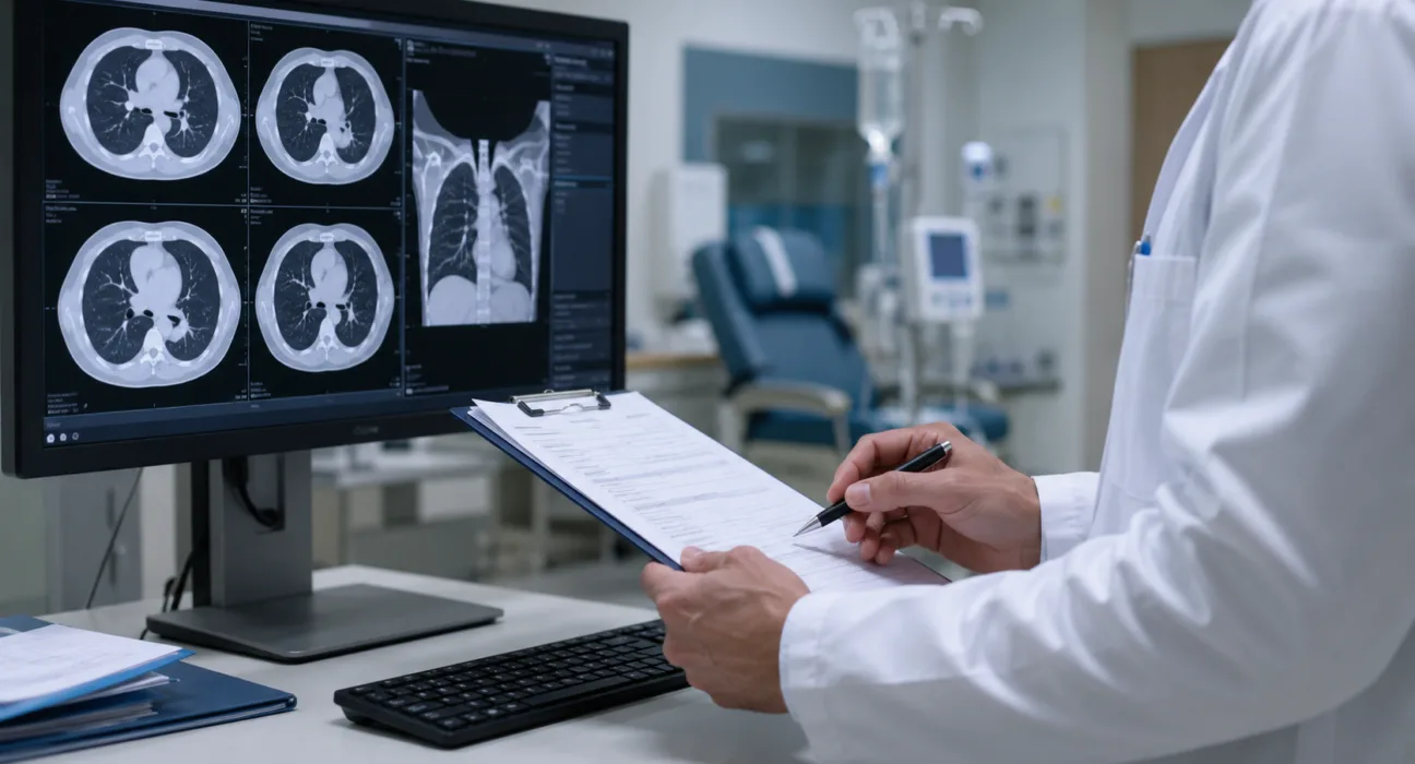 Representative image: Clinician reviewing lung CT scans, reflecting MAIA Biotechnology’s ateganosine data in third-line non-small cell lung cancer and the evolving search for new NSCLC treatment strategies.