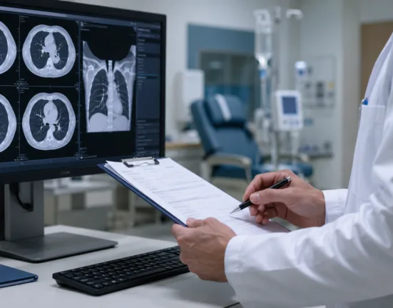 Representative image: Clinician reviewing lung CT scans, reflecting MAIA Biotechnology’s ateganosine data in third-line non-small cell lung cancer and the evolving search for new NSCLC treatment strategies.