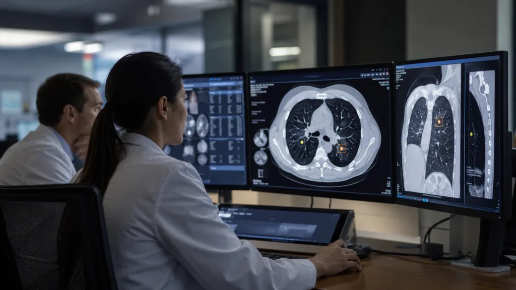 Median Technologies and Olea Medical are partnering to expand commercial deployment of eyonis LCS, an artificial intelligence-assisted lung cancer screening platform designed to support radiologists reviewing low-dose chest computed tomography scans. Representative image.