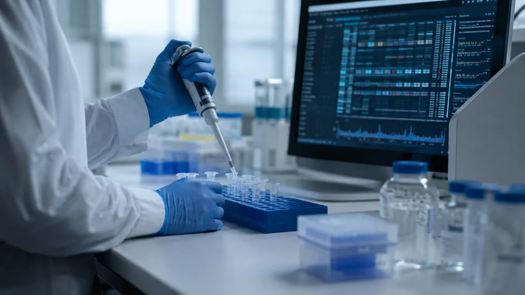 Representative image: A precision-medicine laboratory setting reflects Teverelix’s UAE Phase 2a study, which combines estradiol suppression with genomic profiling to explore more personalized treatment insights.
