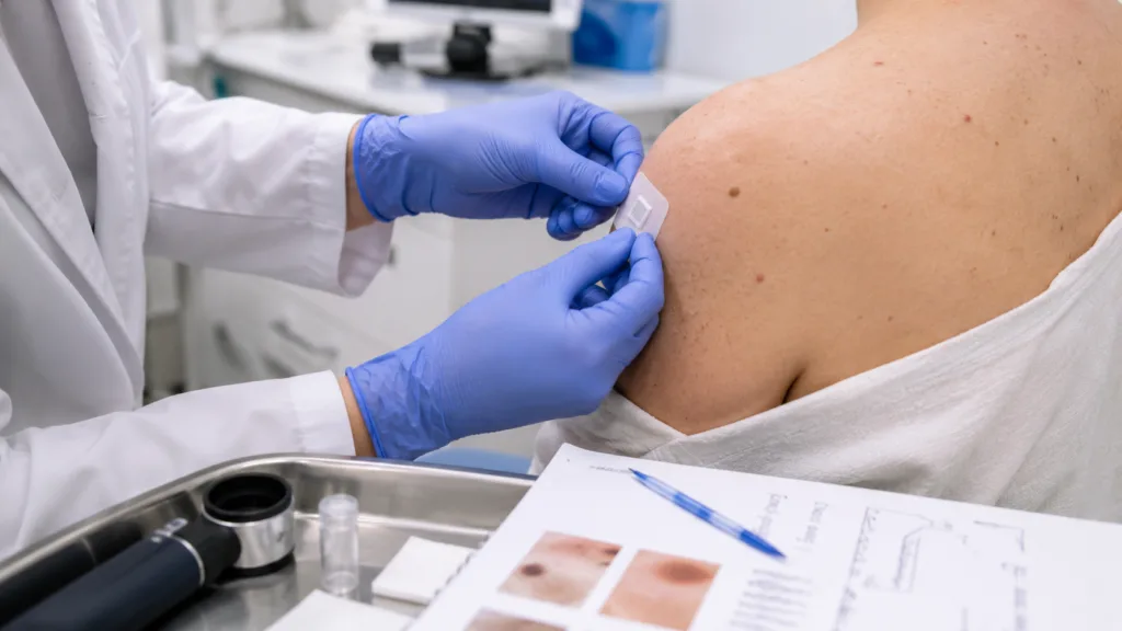 Representative image: A clinician applies a microneedle skin patch as Medicus Pharma $MDCX advances its SkinJect treatment into an FDA-cleared Phase 2b study for basal cell carcinomas in Gorlin syndrome.