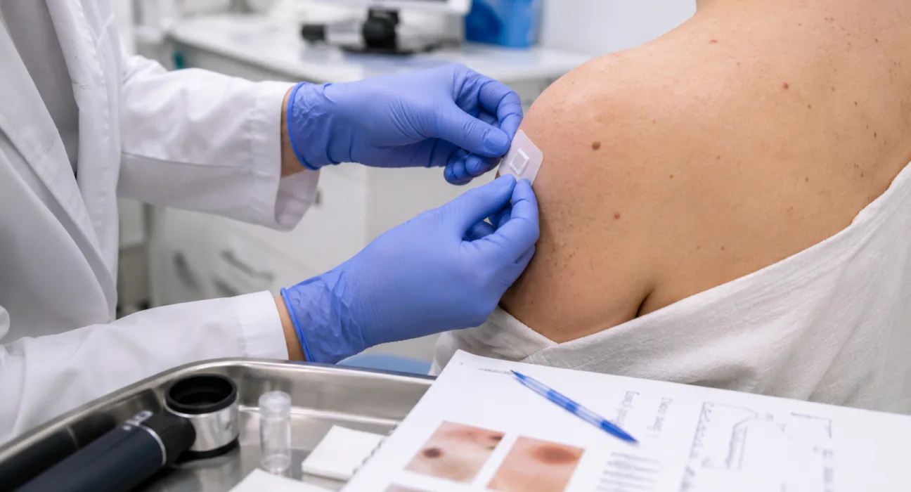 Representative image: A clinician applies a microneedle skin patch as Medicus Pharma $MDCX advances its SkinJect treatment into an FDA-cleared Phase 2b study for basal cell carcinomas in Gorlin syndrome.