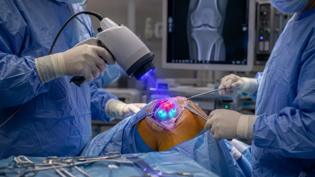 MolecuLightDX fluorescence imaging is being evaluated during revision knee surgery to help surgeons detect residual bacterial signals after standard debridement, although larger controlled studies are needed to confirm clinical benefits. Representative image.