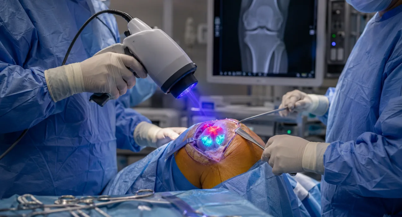 MolecuLightDX fluorescence imaging is being evaluated during revision knee surgery to help surgeons detect residual bacterial signals after standard debridement, although larger controlled studies are needed to confirm clinical benefits. Representative image.