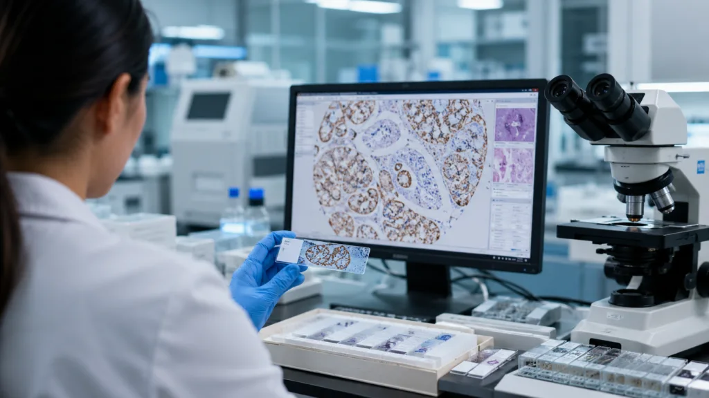Representative image: A pathology specialist reviews PTEN biomarker staining as NeoGenomics launches an FDA-approved companion diagnostic to identify prostate cancer patients who may be eligible for AstraZeneca’s Truqap.