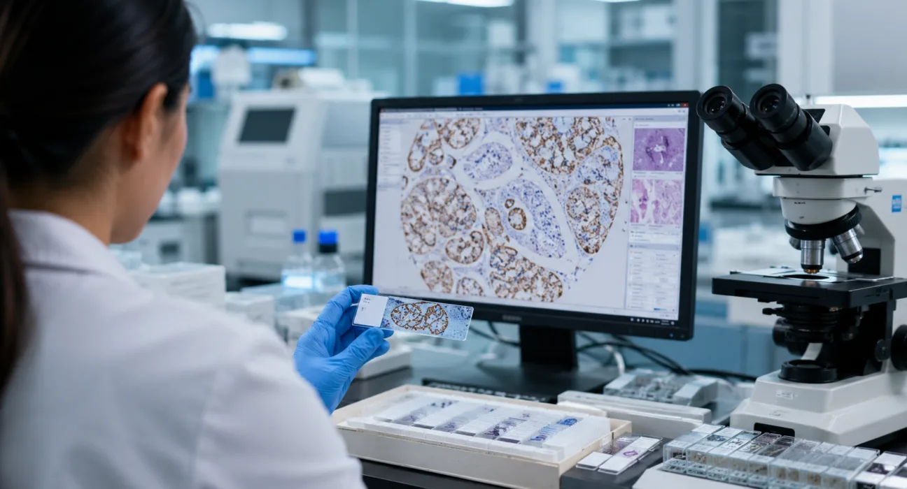 Representative image: A pathology specialist reviews PTEN biomarker staining as NeoGenomics launches an FDA-approved companion diagnostic to identify prostate cancer patients who may be eligible for AstraZeneca’s Truqap.