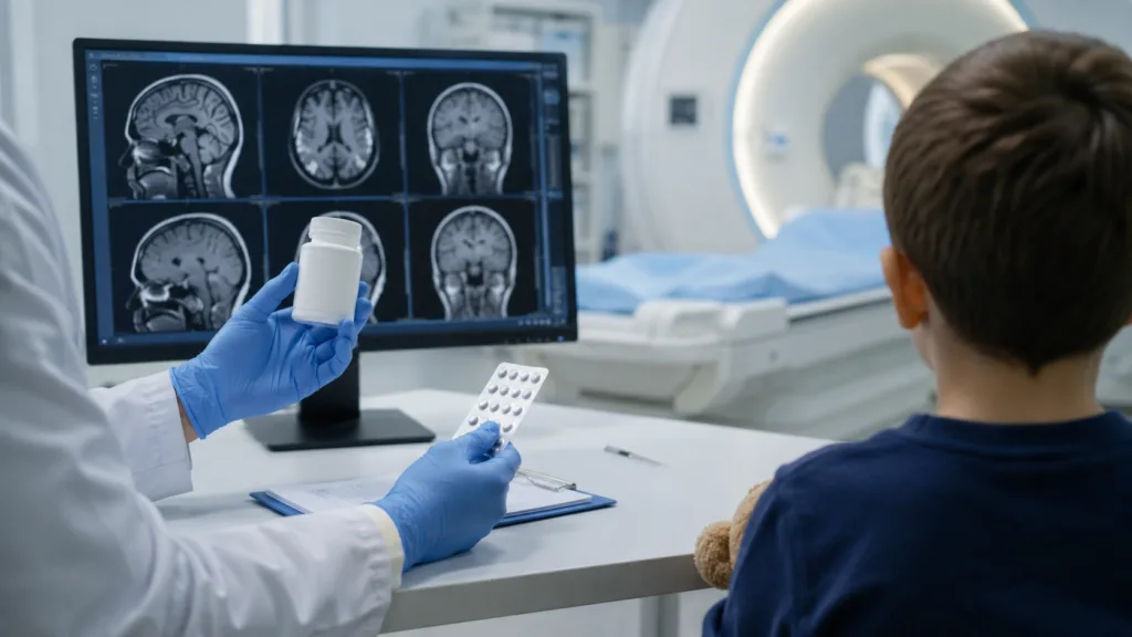 Representative image: A pediatric neurology consultation and brain MRI review illustrate leriglitazone’s positive European recommendation for boys with early-stage cerebral adrenoleukodystrophy.