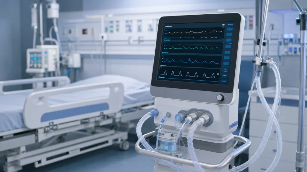 Nihon Kohden’s NKV-550 ventilator upgrade combines non-invasive Pmus monitoring, Adaptive Ventilation Mode and adjustable AdaptiveSync for ICU respiratory care. Representative image.