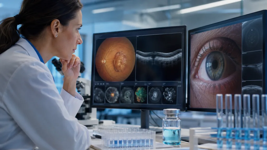 A clinician-scientist reviews ocular imaging as DYP688 Phase 1 results highlight early targeted activity in metastatic uveal melanoma, even as the drug’s future development remains uncertain. Representative image.