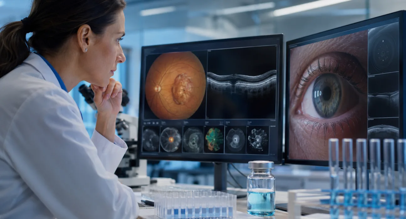 A clinician-scientist reviews ocular imaging as DYP688 Phase 1 results highlight early targeted activity in metastatic uveal melanoma, even as the drug’s future development remains uncertain. Representative image.