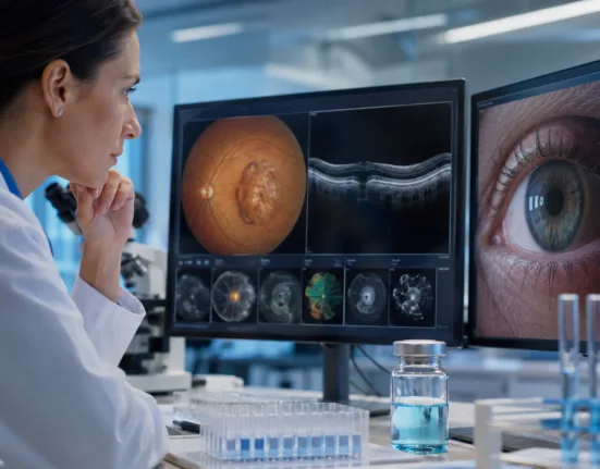 A clinician-scientist reviews ocular imaging as DYP688 Phase 1 results highlight early targeted activity in metastatic uveal melanoma, even as the drug’s future development remains uncertain. Representative image.