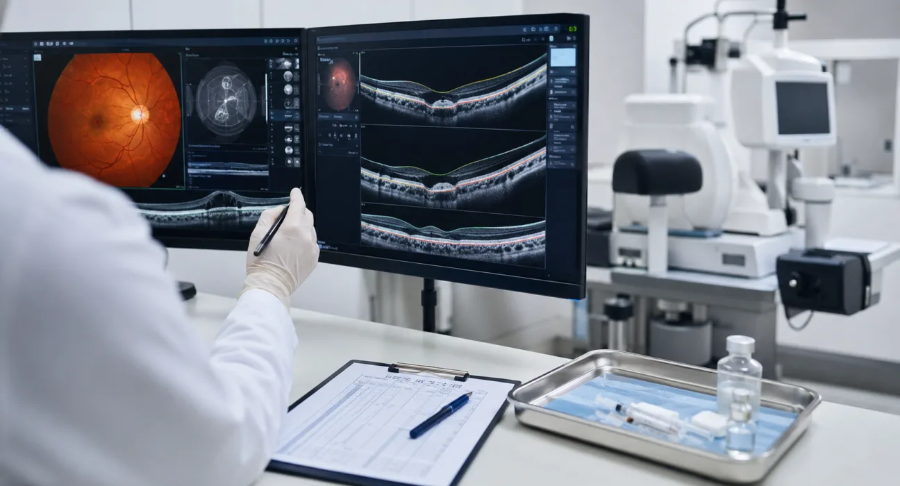 Representative image: Retina specialists review OCT scans as EyePoint’s $EYPT DURAVYU completes enrollment in two Phase 3 diabetic macular edema trials testing six-month dosing against aflibercept.