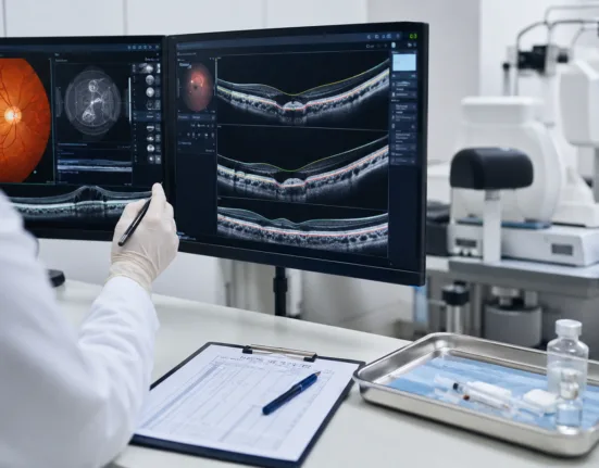 Representative image: Retina specialists review OCT scans as EyePoint’s $EYPT DURAVYU completes enrollment in two Phase 3 diabetic macular edema trials testing six-month dosing against aflibercept.