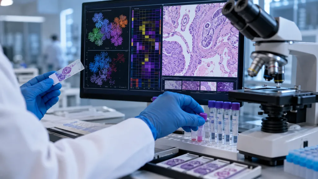One Biosciences’ FFPE single-cell tumour profiling research highlights how routine pathology samples could support deeper analysis of cancer cells, immune populations and the tumour microenvironment across multiple cancer types. Representative image.