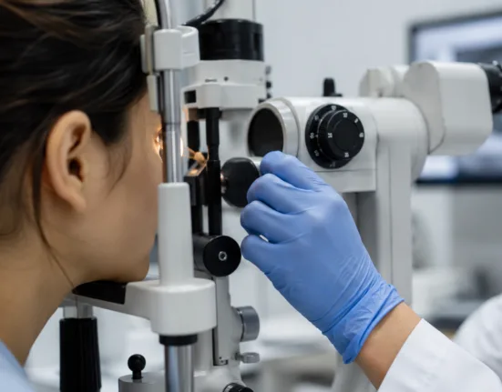 Representative image: Ophthalmology slit-lamp examination reflecting the unmet treatment need in neuropathic corneal pain as OKYO Pharma advances urcosimod toward the Phase 3 NEPTUNE trial.