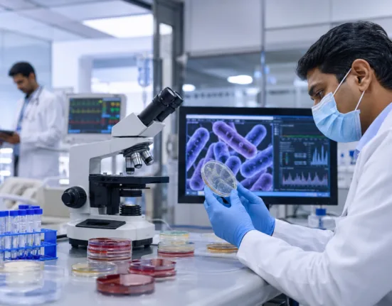 A hospital researcher examines bacterial cultures as Apollo Hospitals and Precisio Biotix advance lysin-based antimicrobial research targeting drug-resistant infections and India’s growing antimicrobial resistance challenge. Representative image.