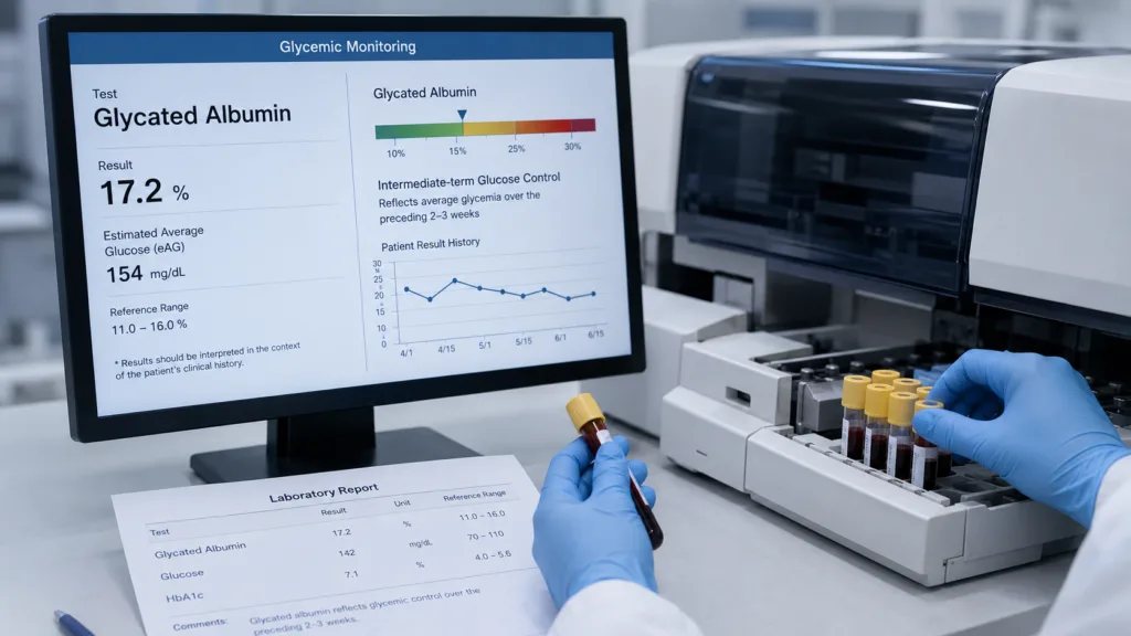 A clinical laboratory processes a glycated albumin blood test as Precision Diabetes and Nagase Diagnostics pursue wider U.S. commercialization of the FDA-cleared Lucica Glycated Albumin-L assay for intermediate-term diabetes monitoring. Representative image.