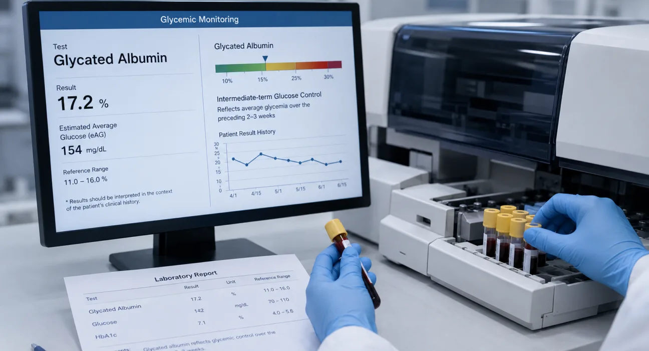A clinical laboratory processes a glycated albumin blood test as Precision Diabetes and Nagase Diagnostics pursue wider U.S. commercialization of the FDA-cleared Lucica Glycated Albumin-L assay for intermediate-term diabetes monitoring. Representative image.