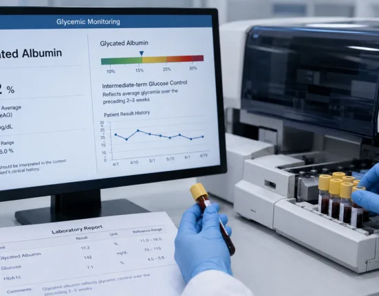A clinical laboratory processes a glycated albumin blood test as Precision Diabetes and Nagase Diagnostics pursue wider U.S. commercialization of the FDA-cleared Lucica Glycated Albumin-L assay for intermediate-term diabetes monitoring. Representative image.