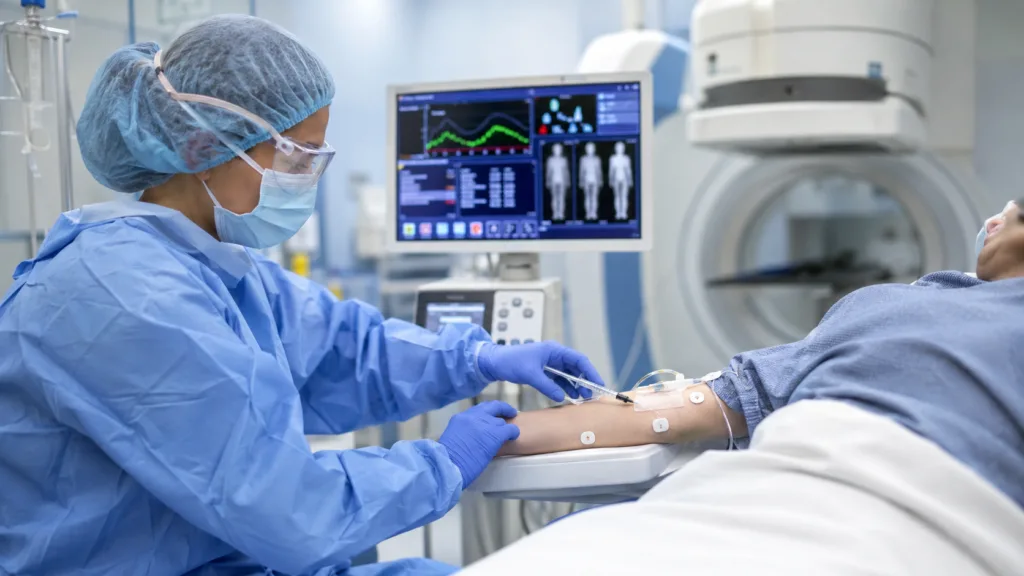 Representative image: A nuclear medicine clinician monitors intravenous radiopharmaceutical administration, reflecting Radnostix’s acquisition of Lucerno Dynamics assets and its expansion into real-time extravasation monitoring, dosimetry and radioligand therapy workflows.