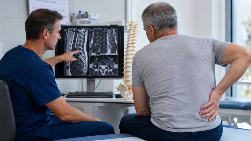 A spinal specialist reviews thoracic and lumbar imaging as new Regenative Labs research reports improved pain and function scores following umbilical cord tissue allograft applications in 117 patients. Representative image.