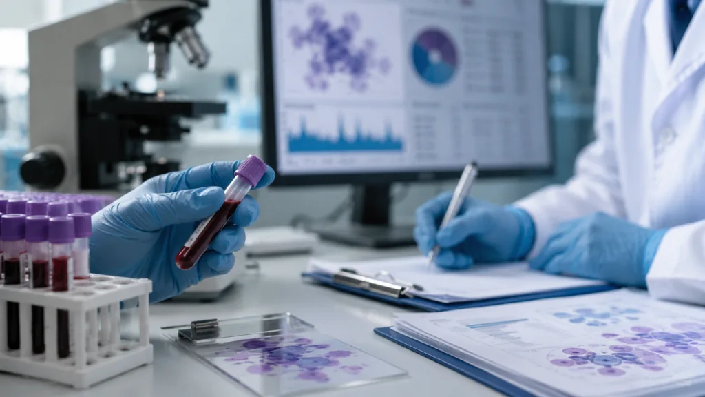 Representative image: Hematology researchers analyze blood samples as Moleculin’s $MBRX MIRACLE trial reports a 37% blinded composite remission rate in relapsed or refractory acute myeloid leukemia, including patients who previously failed venetoclax.