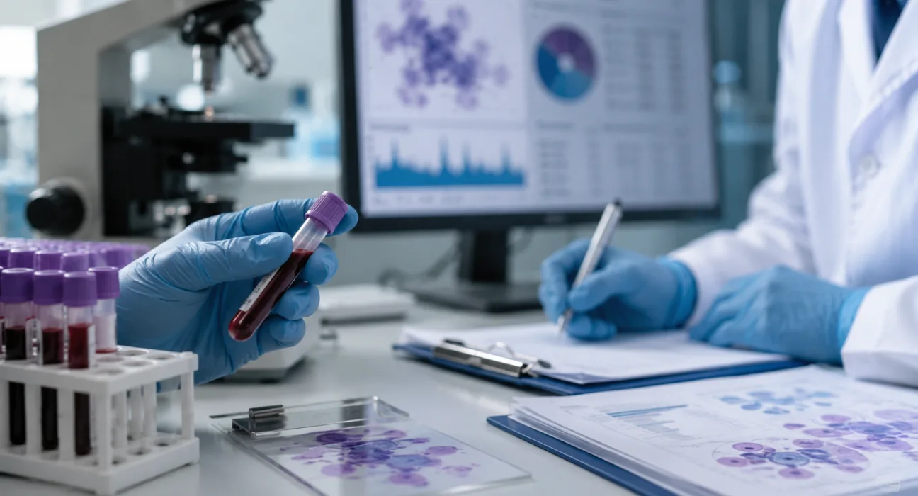 Representative image: Hematology researchers analyze blood samples as Moleculin’s $MBRX MIRACLE trial reports a 37% blinded composite remission rate in relapsed or refractory acute myeloid leukemia, including patients who previously failed venetoclax.
