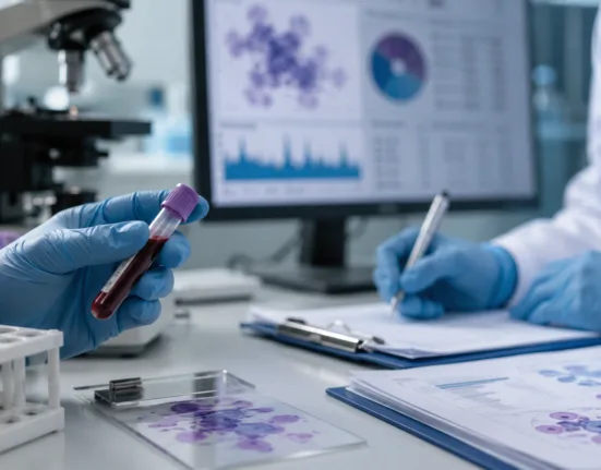 Representative image: Hematology researchers analyze blood samples as Moleculin’s $MBRX MIRACLE trial reports a 37% blinded composite remission rate in relapsed or refractory acute myeloid leukemia, including patients who previously failed venetoclax.