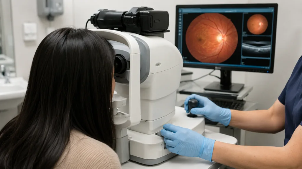 Representative image: Retinal imaging exam for diabetic eye disease screening, highlighting iHealthScreen’s FDA-cleared iPredict-DR software for AI-powered diabetic retinopathy detection.