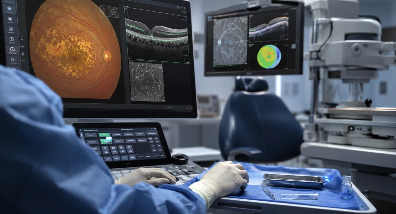 Representative image: An ophthalmology team reviews retinal scans as Ocugen’s $OCGN OCU410 one-time gene therapy receives FDA RMAT designation ahead of a Phase 3 geographic atrophy trial.