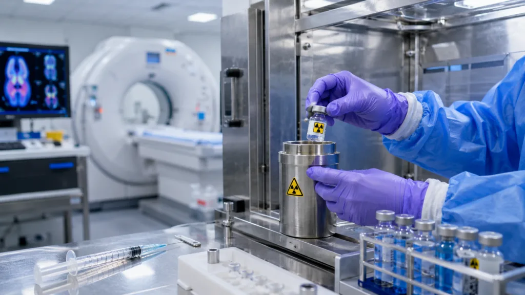 Representative image of radiopharmaceutical preparation and PET imaging, illustrating how the Sanyou Bio and Baiyunshan Xihe collaboration aims to combine AI-led antibody discovery with nuclear medicine development for precision oncology.