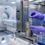 Representative image of radiopharmaceutical preparation and PET imaging, illustrating how the Sanyou Bio and Baiyunshan Xihe collaboration aims to combine AI-led antibody discovery with nuclear medicine development for precision oncology.