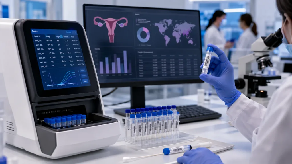 A modern molecular diagnostics laboratory illustrates comprehensive HPV and reproductive tract infection testing as Seegene evaluates combined screening through its Global Million Clinical Study. Representative image.