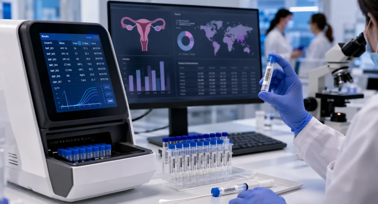 A modern molecular diagnostics laboratory illustrates comprehensive HPV and reproductive tract infection testing as Seegene evaluates combined screening through its Global Million Clinical Study. Representative image.