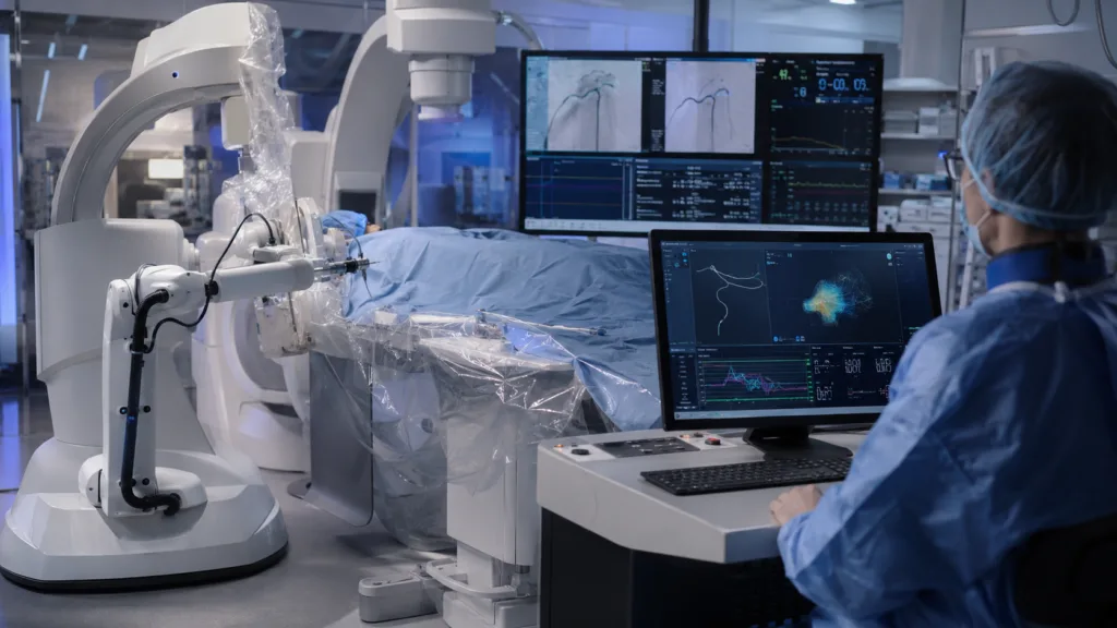 Sentante’s CE-marked endovascular robotic platform combines catheter control, force sensing, medical imaging and procedural data capture to build a foundation for future physical AI-assisted vascular interventions. Representative image.