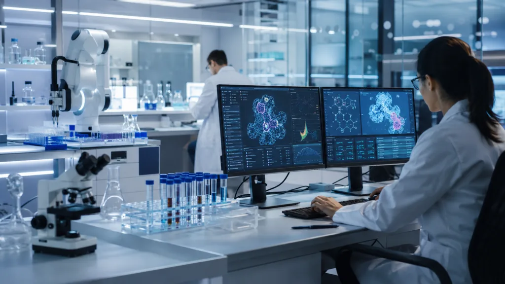 Representative image: AI-driven pharmaceutical research combining advanced molecular modelling, laboratory automation and drug discovery workflows, reflecting the strategic collaboration between Insilico Medicine and Takeda Pharmaceutical Company.