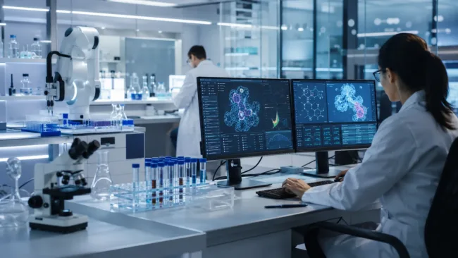 Representative image: AI-driven pharmaceutical research combining advanced molecular modelling, laboratory automation and drug discovery workflows, reflecting the strategic collaboration between Insilico Medicine and Takeda Pharmaceutical Company.