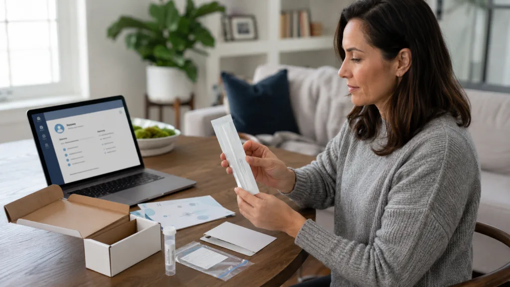 A woman reviews an at-home HPV self-collection kit, illustrating how Teal Health and UC Davis Health aim to integrate cervical cancer screening into routine health-system care. Representative image.