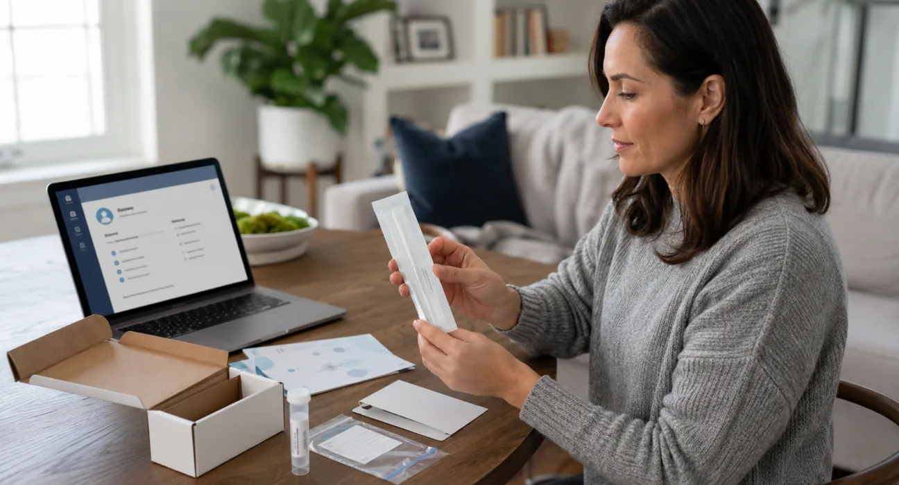A woman reviews an at-home HPV self-collection kit, illustrating how Teal Health and UC Davis Health aim to integrate cervical cancer screening into routine health-system care. Representative image.