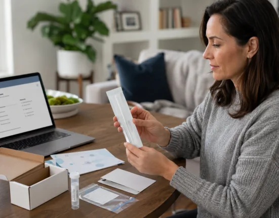 A woman reviews an at-home HPV self-collection kit, illustrating how Teal Health and UC Davis Health aim to integrate cervical cancer screening into routine health-system care. Representative image.