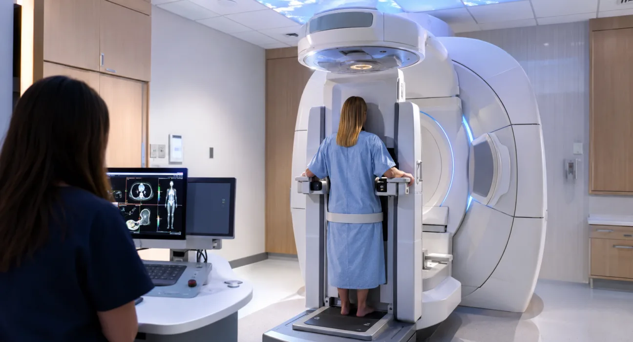 Representative image: Upright radiotherapy and imaging setup highlighting Leo Cancer Care’s $65 million Series D push to scale seated cancer treatment, proton therapy access and oncology device deployment.