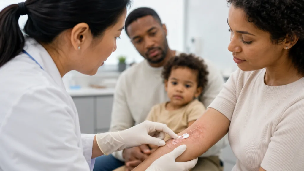 A dermatologist evaluates atopic dermatitis during a clinical consultation as Organon’s Phase 3 pooled analysis shows early, consistent improvements with VTAMA tapinarof cream across pediatric age groups and adults. Representative image.
