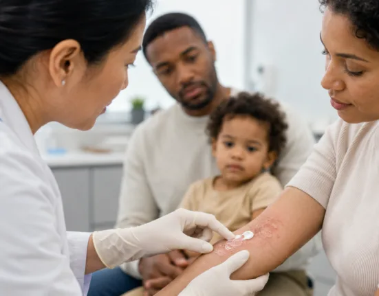 A dermatologist evaluates atopic dermatitis during a clinical consultation as Organon’s Phase 3 pooled analysis shows early, consistent improvements with VTAMA tapinarof cream across pediatric age groups and adults. Representative image.