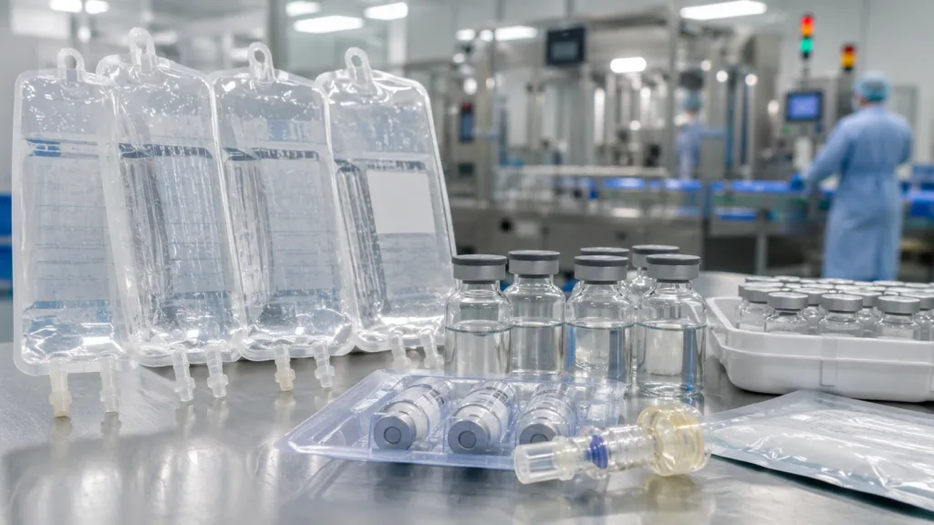 IV bags, medication vials and sterile manufacturing equipment illustrate the critical-care product collaboration announced by Vector Science & Therapeutics, LyoGenesis Plus and Wynn Pharmaceuticals. Representative image.