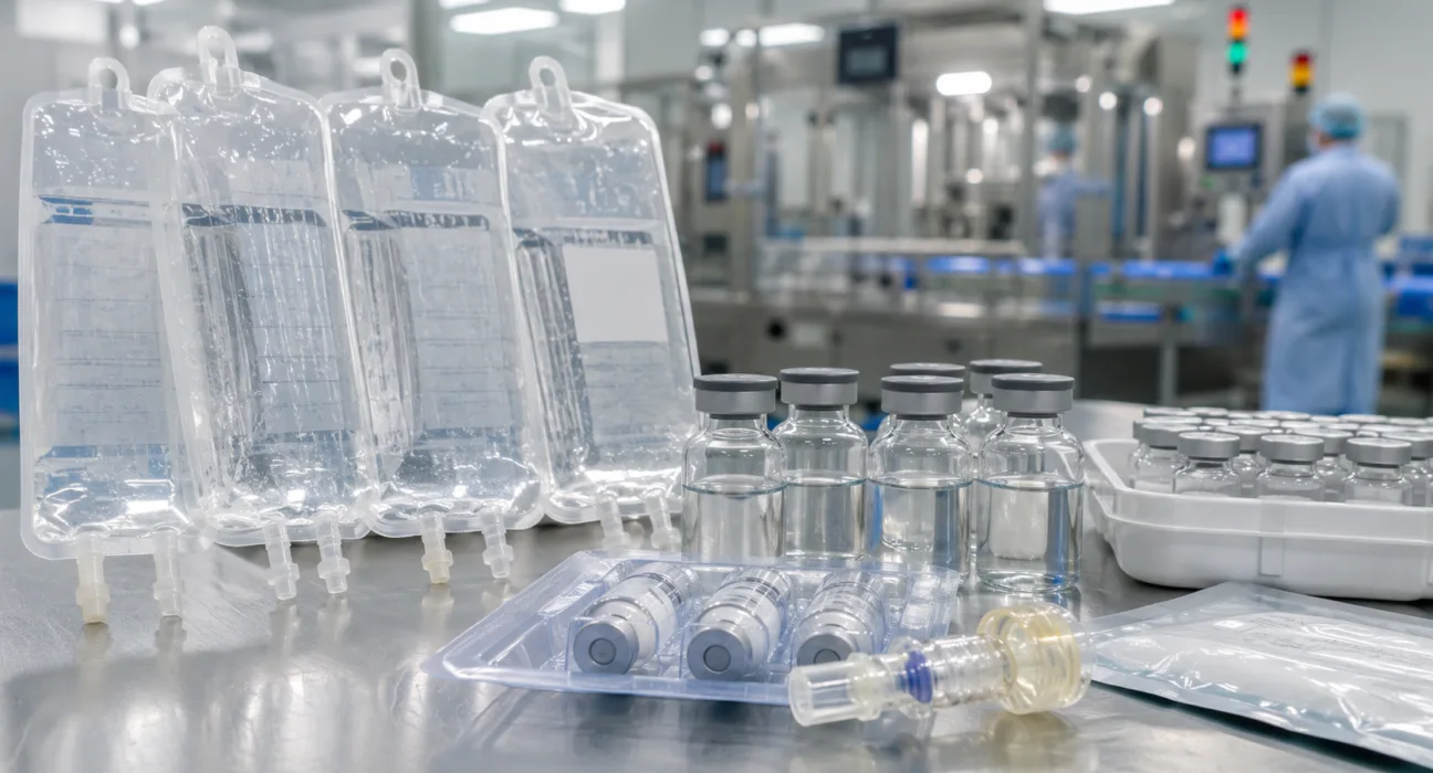 IV bags, medication vials and sterile manufacturing equipment illustrate the critical-care product collaboration announced by Vector Science & Therapeutics, LyoGenesis Plus and Wynn Pharmaceuticals. Representative image.