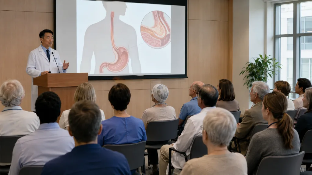 A clinician discusses gastroesophageal cancer diagnosis, biomarker testing, treatment options and clinical trials with patients and caregivers ahead of the Debbie’s Dream Foundation and Yale Cancer Center community symposium. Representative image.