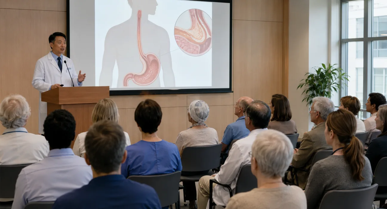 A clinician discusses gastroesophageal cancer diagnosis, biomarker testing, treatment options and clinical trials with patients and caregivers ahead of the Debbie’s Dream Foundation and Yale Cancer Center community symposium. Representative image.